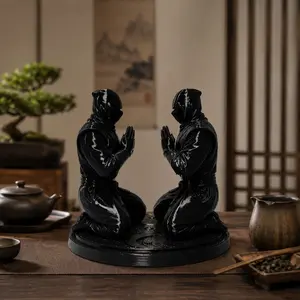 Dual Ninja Seated Hand Clasped Statue, Zen Warrior Desk Decor, Ideal for Tea Room, Office, Living Room, Meditation Space, Gift