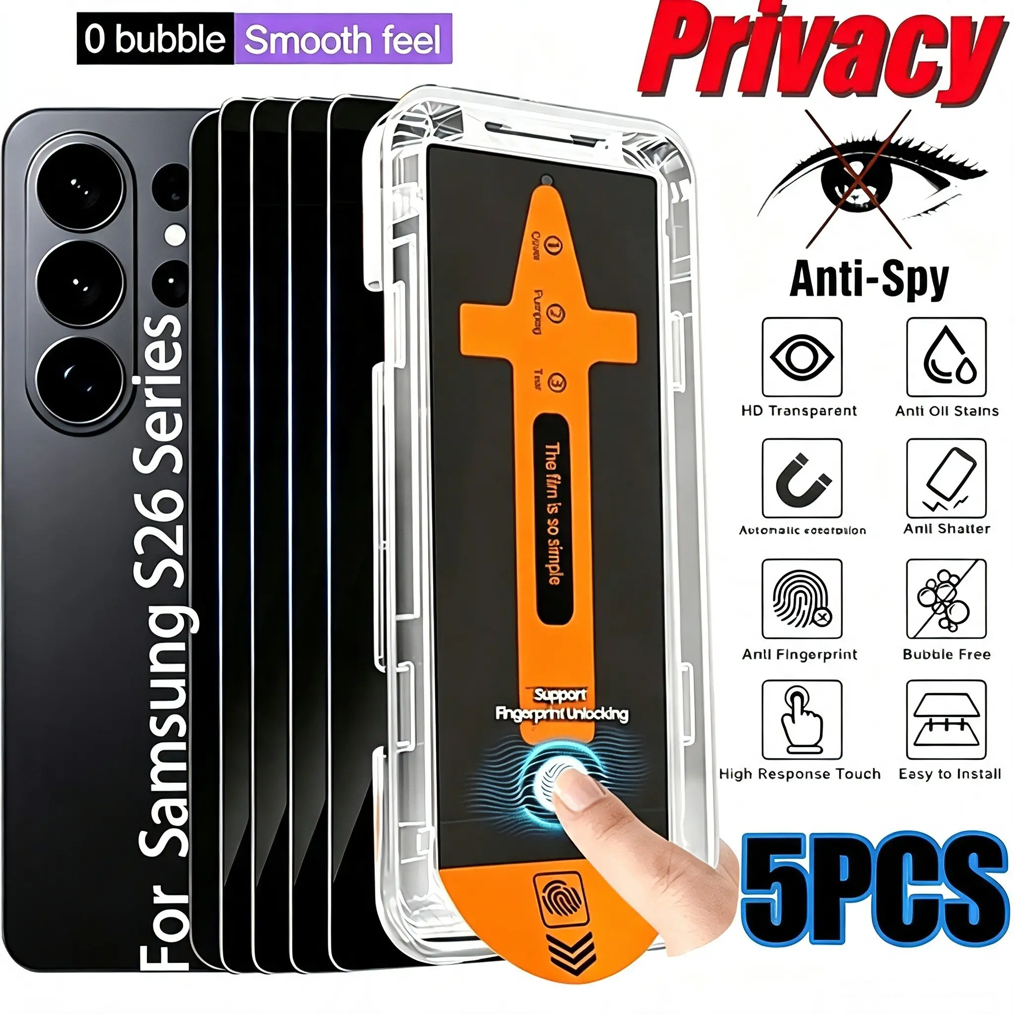 5pcs Privacy Tempered Glass for Samsung Galaxy  S26/S26 Plus/S26 Ultra /S25/S25+/S25 Ultra Phone Screen Protector S24/S24+/S24 Ultra Protective Film S23/S23+/S23 FE Glass Smartphone S22/S22+/S21/S21+