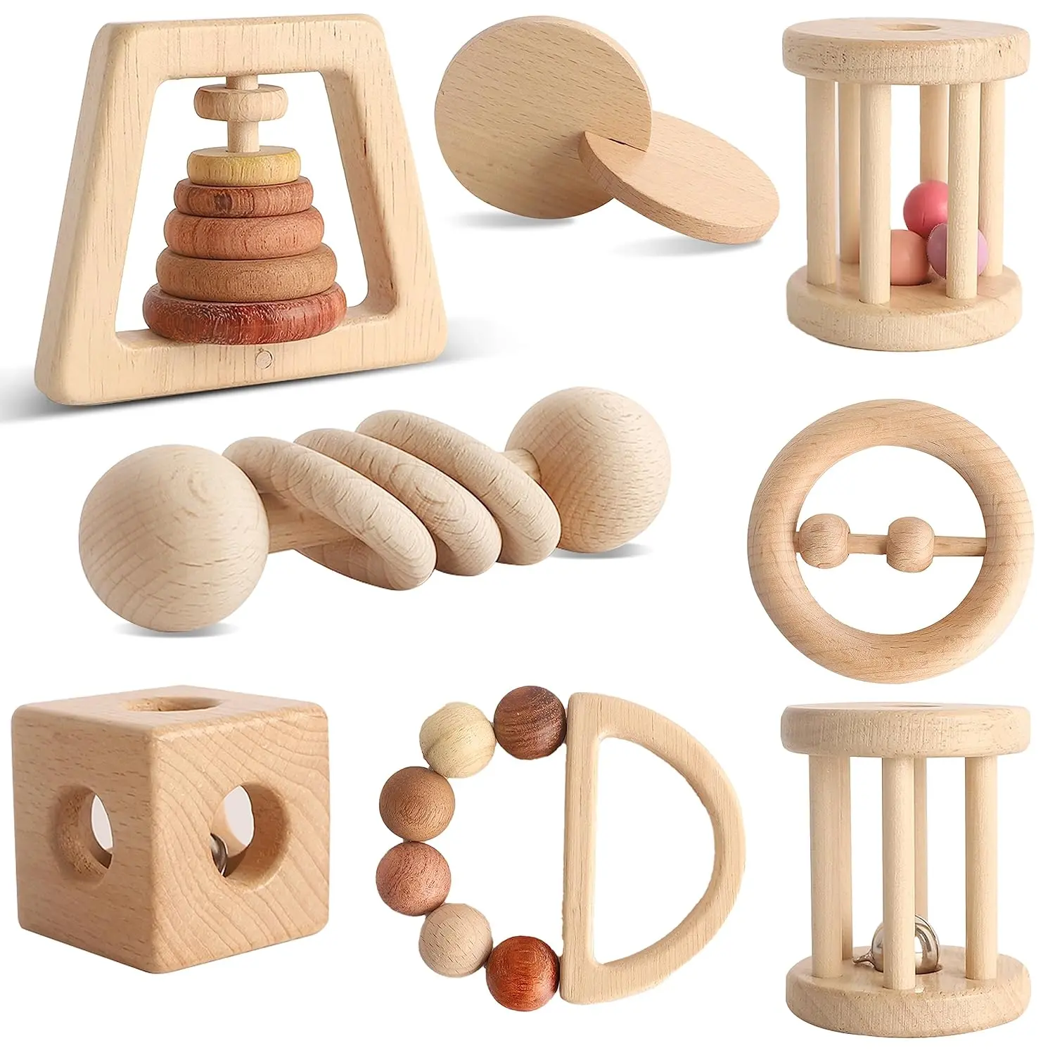 Wooden Baby Toy 8pcs, Montessori Toys for Babies 1-3 Years Old, Wooden Rattles Toy Set for Infant Grasping, Sensory Development, Gift for Baby Boys Girls (Natural Wood)fidget toys
