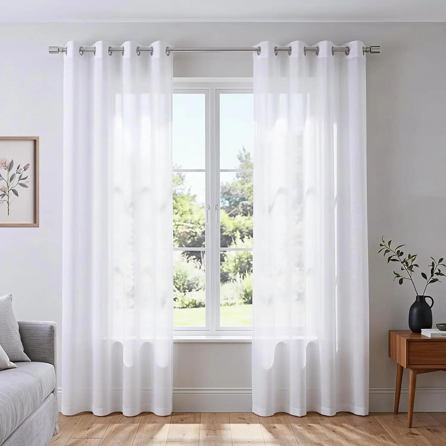 White Sheer Curtains 84 Inches Long Set 2 Panels Grommet Pair Faux Semi Transparent Drape Tulle Gauze Voile Window Sheer Curtains for Bedroom Living Room Dining Wide 52 Length Pack