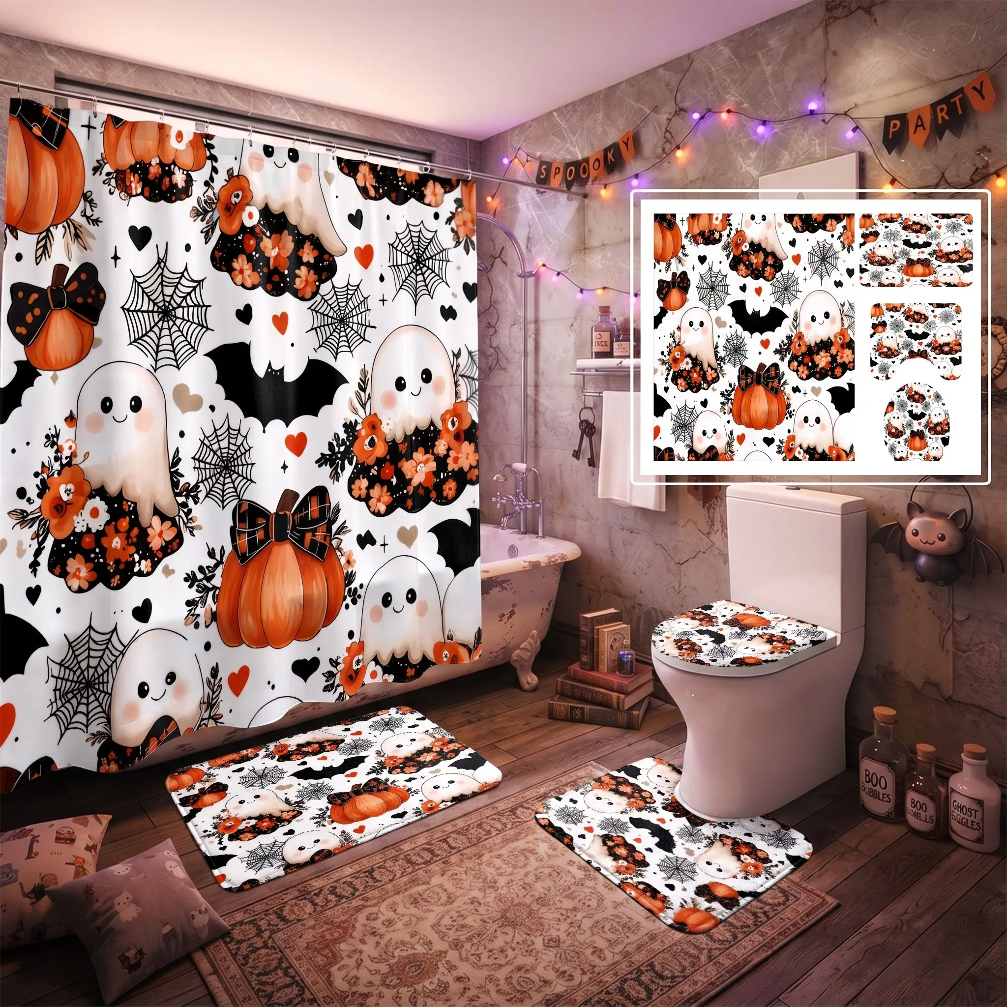 4pcs Halloween Ghost Pumpkin Bathroom Set, Cute Floral Bows Shower Curtain, Spooky Spiders Bats Bath Decor, Non-Slip Toilet Lid Cover,Perfect choice for Halloween decorations.