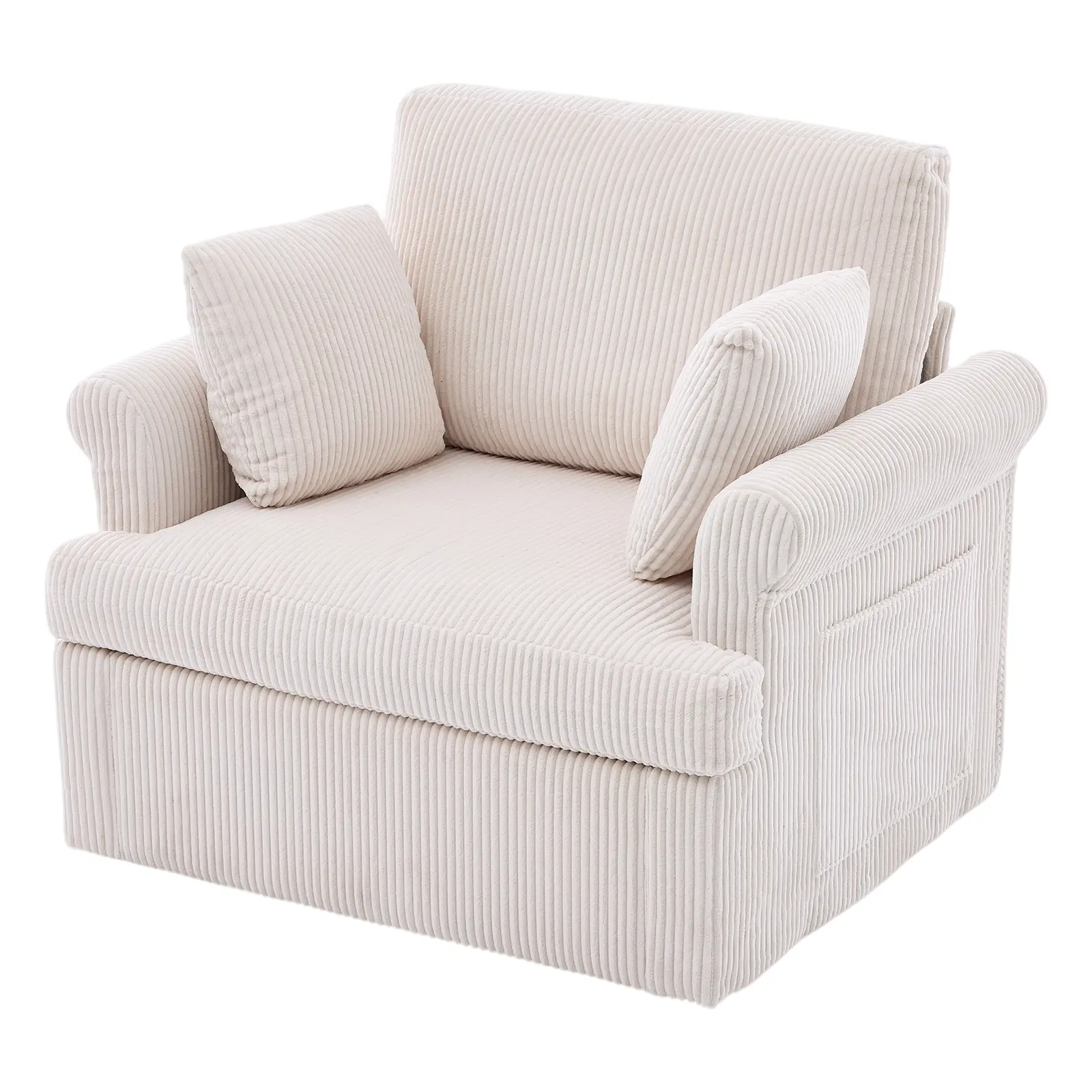 39" 360° Swivel Accent Chair, Corduroy Oversized Barrel Armchair with 2 Pillows & Storage Pockets for Living Room, Office & Reading, Black