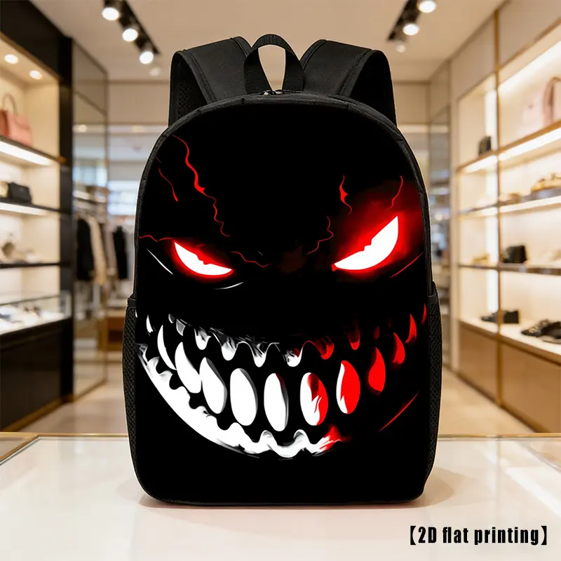 Unisex Lightweight Spacious Backpack with Adjustable Straps and Side Compartments, Featuring Crimson Eyes and Bright White Teeth, Perfect for Everyday Use, Commuting, Hiking, and Various Activities bookbag