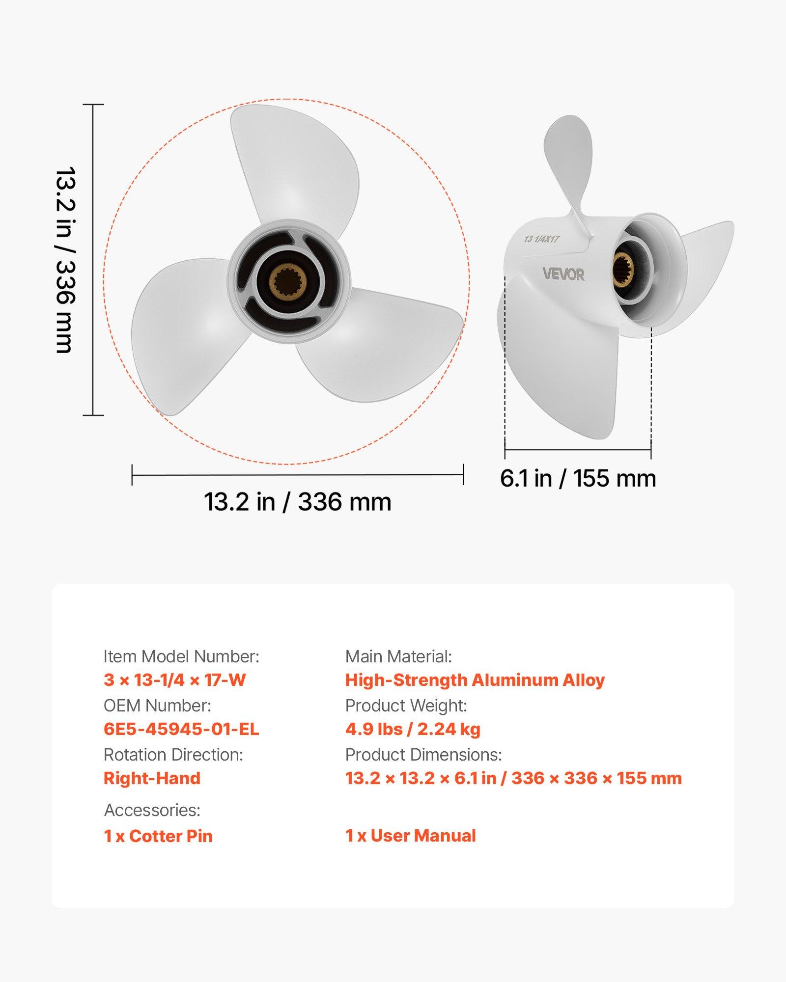 VEVOR Outboard Propeller, Upgrade OEM 15 Spline Tooth Aluminum Outboard Boat Propeller Fit Yamaha Engines 50-130 HP, 4-1/4" Gearcase, 3-Blade, RH (Right Hand Rotation), OEM Parts No. 6E5-45945-01-EL.