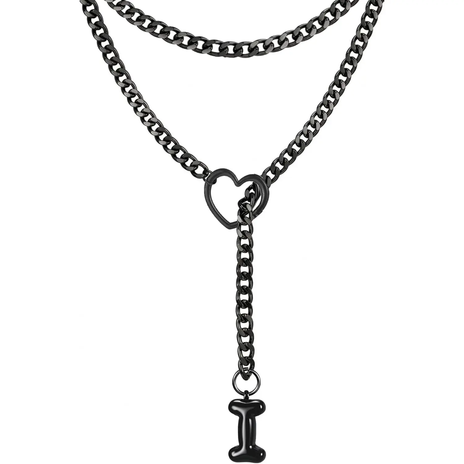 Black Heart Slip Chain Initial Necklaces for Women, Stainless Steel Wrap Choker Necklace, Gothic O-Ring Adjustable Lariat Y Necklaces, Punk Cuban  Choker Necklace, Halloween