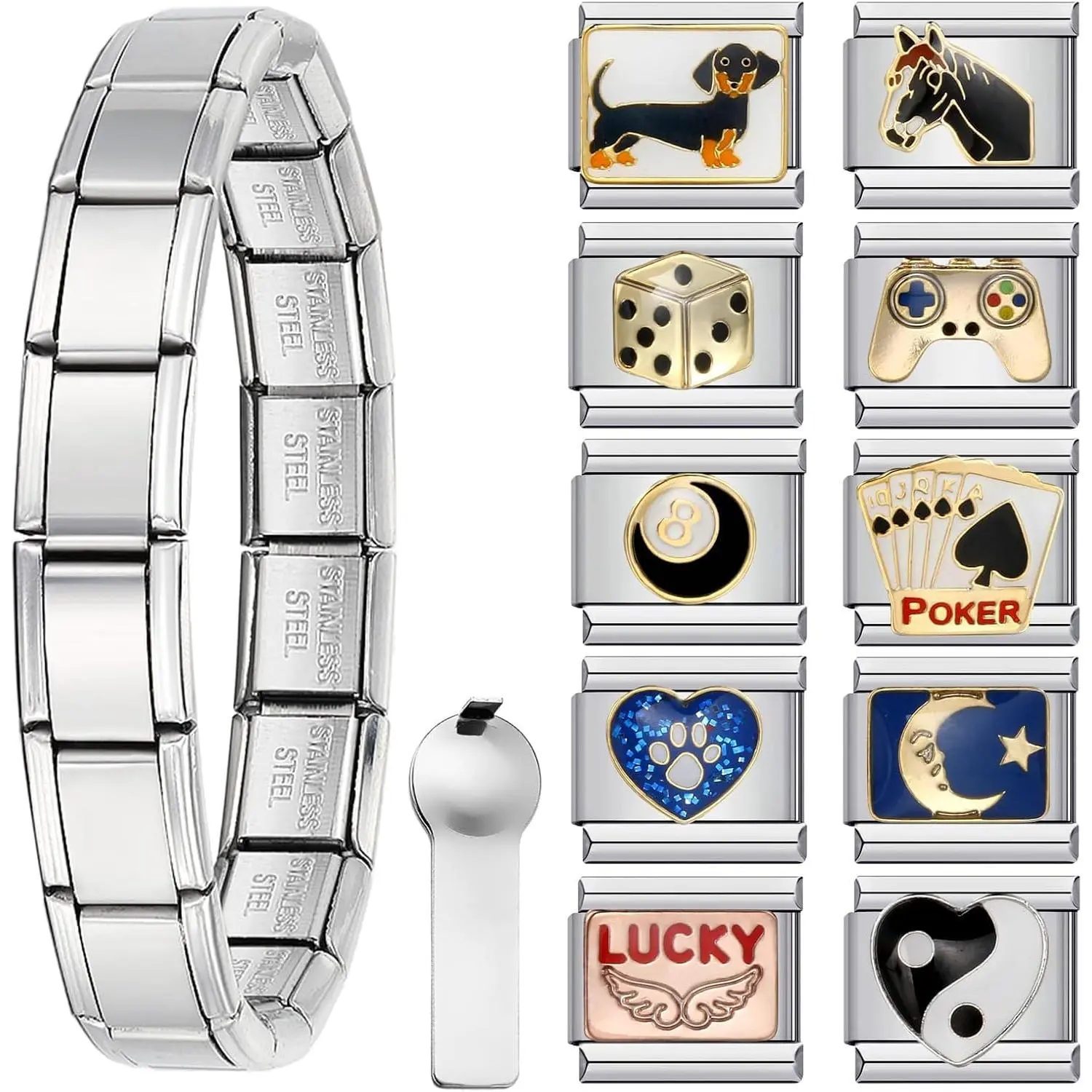 Italian  Bracelet with 10 or 20 Charms, Stainless Steel Adjustable DIY  Bracelet for Women & Men, Includes Opener Tool –  or  Options