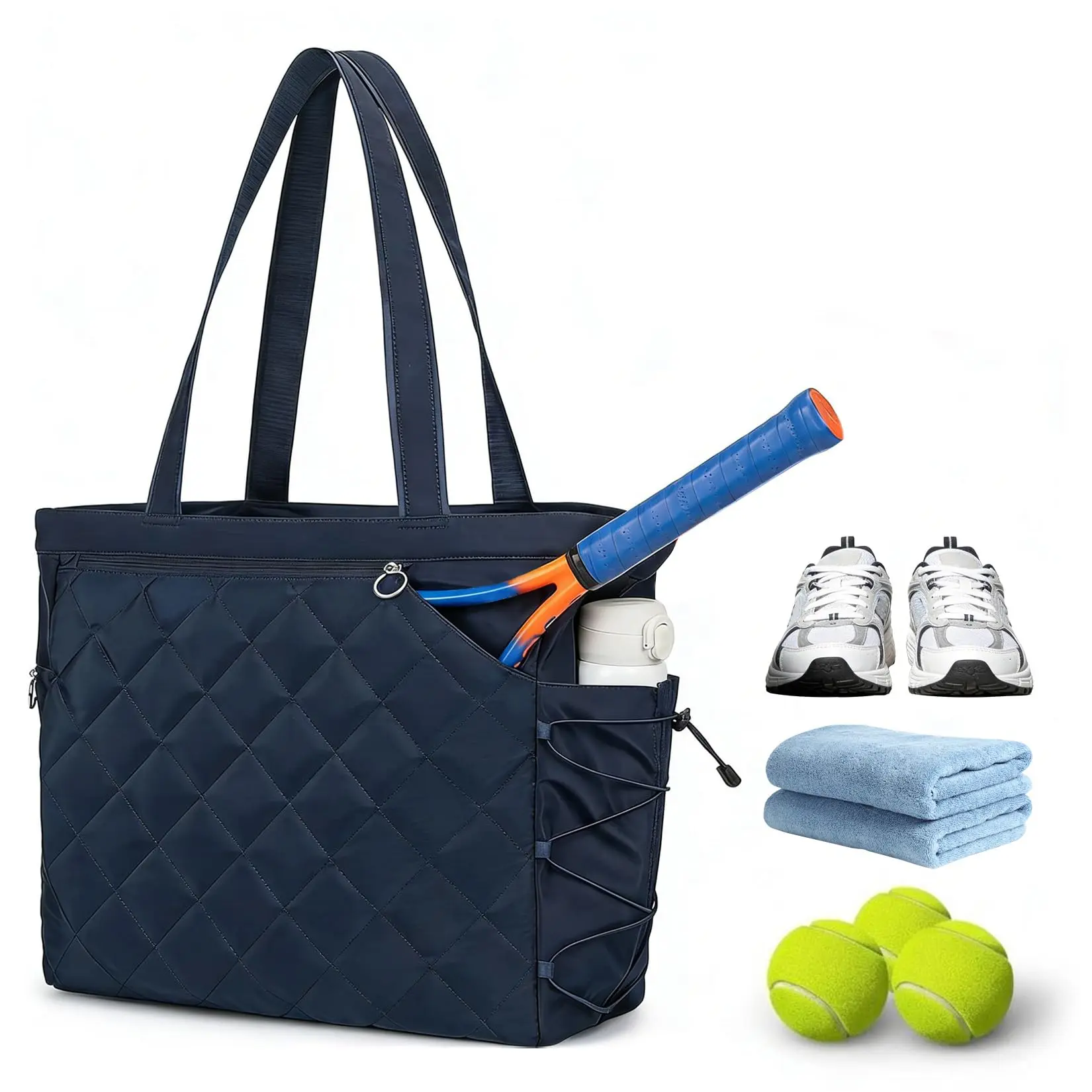 Extra-Large Women’s Tennis Tote Bag with Independent Shoe Compartment, Water Resistant Lightweight Quilted Polyester Tennis Racket Bag Holds 2-4 Rackets & Sports Gear, Multi-Purpose Paddle & Pickleball Bag, Blue