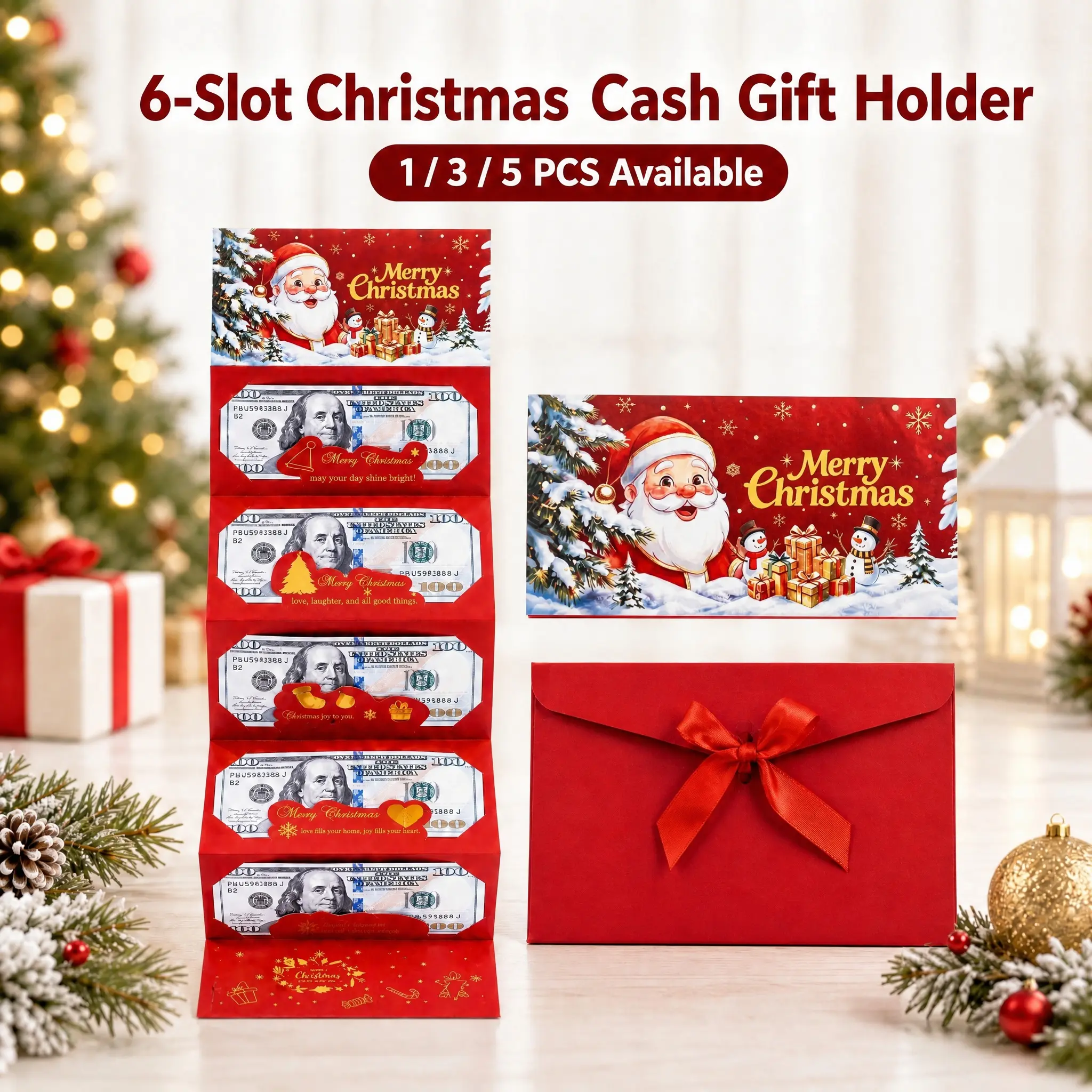 [5/3/1 Pack] Christmas Dollar Folding Red Envelopes Gold Stamping Gift Pack with 6Slot DIY Holiday Cash Envelopes for Party Festive Decorations Money Envelopes Cards with Surprise Birthday,Christmas Gifts Party Supplies,Luxury Paper Gift Card Holder-YY1