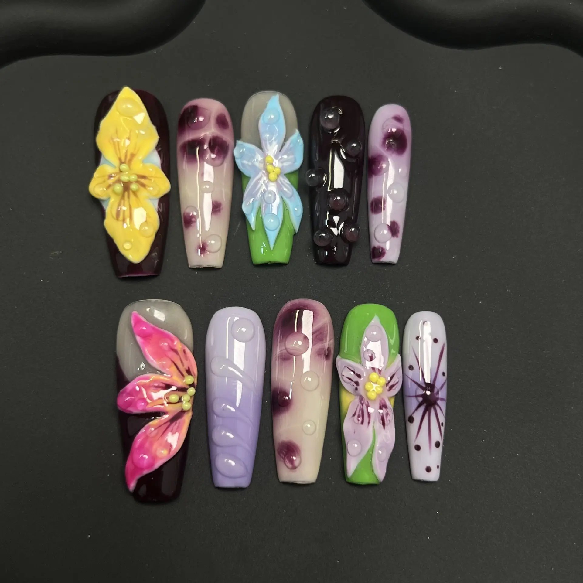 Atelier Handmade Dark Purple Black Gradient 3D Sculpted Floral Butterfly Press On Nails Extra Long Coffin Nude Lavender Green Two Tone Water Drop Texture Coquette Soft Girl Gothic Fairy Night Party Date Glossy Reusable Holiday False Pressons