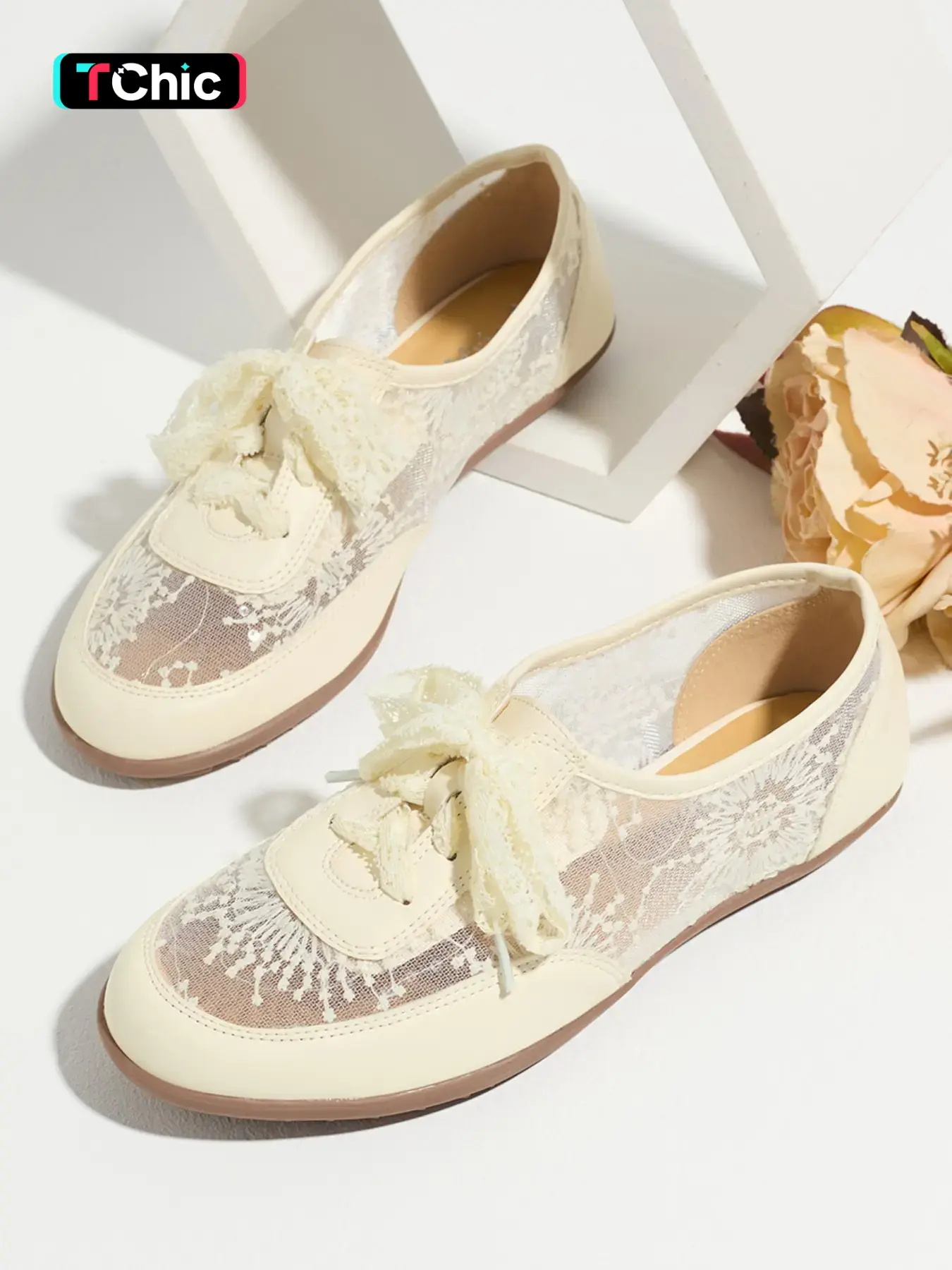 Women's Lace-Up Mesh Flat Casual Shoes, Cream Soft Sole Anti-Slip Fashion Trainer, Breathable Sweet Style Comfortable Footwear
