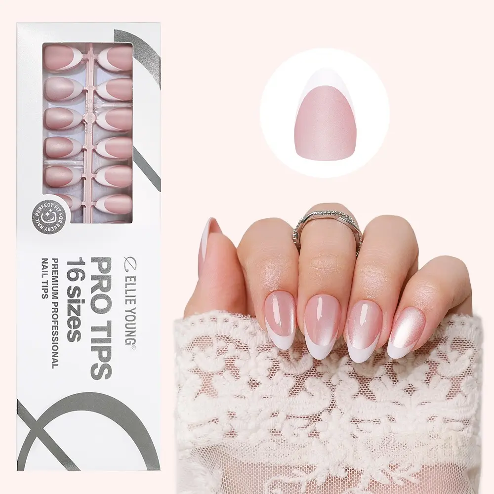 ELLIE YOUNG PRO TIPS Short Almond Milky Pearl French Cat Eye Nail Tips, Soft Gel Nail Tips, 160pcs Press-On Nails Kit with 16 Sizes, Matte Acrylic Look, Salon Quality Finish, At-Home Manicure, Trendy French Style