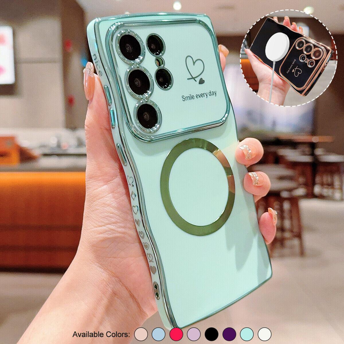 OREKROY【Free.ship】Magnetic Case for Samsung S25 Ultra Plus S24 S23 S22 ,Soft Wave Frame Curly Shape Cute Love Heart Plating Phone Case with Raised Camera Lens Protection,Compatible with MagSafe Wireless Charging, Shockproof Back Cover for Women Girls