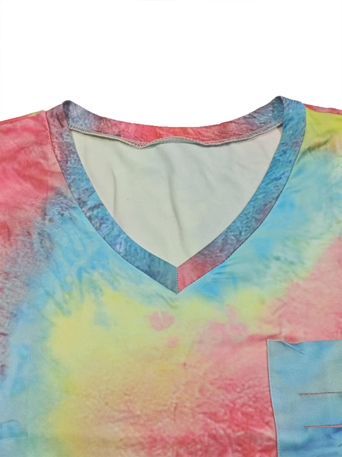 【Plus Size】 Women's Tie Dye Print Asymmetrical Hem Ripped Pocket Knit Tee, Plus Casual Short Sleeve V Neck T-Shirt for Summer, Women's Plus Clothing for Daily Wear