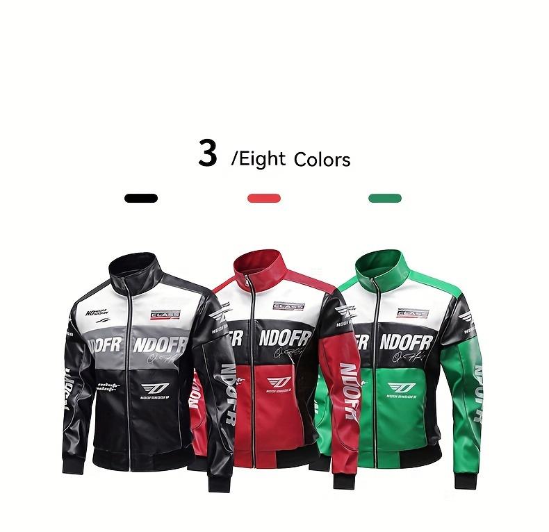 Men's PU Leather Racing Style Zip-up Jacket - Green and Black Color-block, Stand Collar and "HOOD FRENDS" Pattern Print, Casual Streetwear, Casual Clothing, Daily Jacket | Modern Casual Jacket | Smooth Leather Jacket