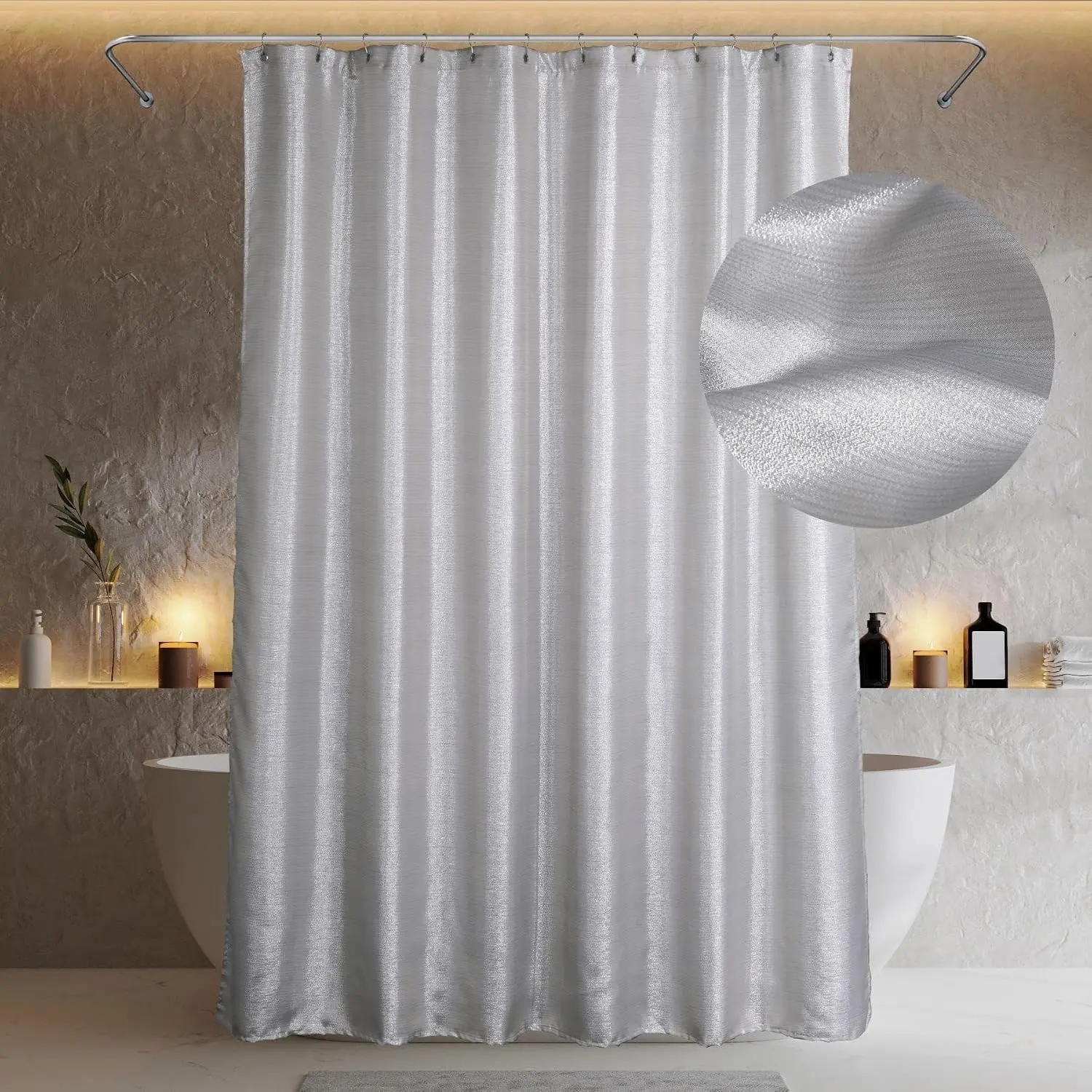 Silver Grey Sparkle Shower Curtain: Modern Luxury Elegant Light Gray Metallic Fabric Curtain Set for Bling Glamour Festive Bathroom Décor - Chic Neutral Fancy Glitter Bathroom Accessories - 72x72