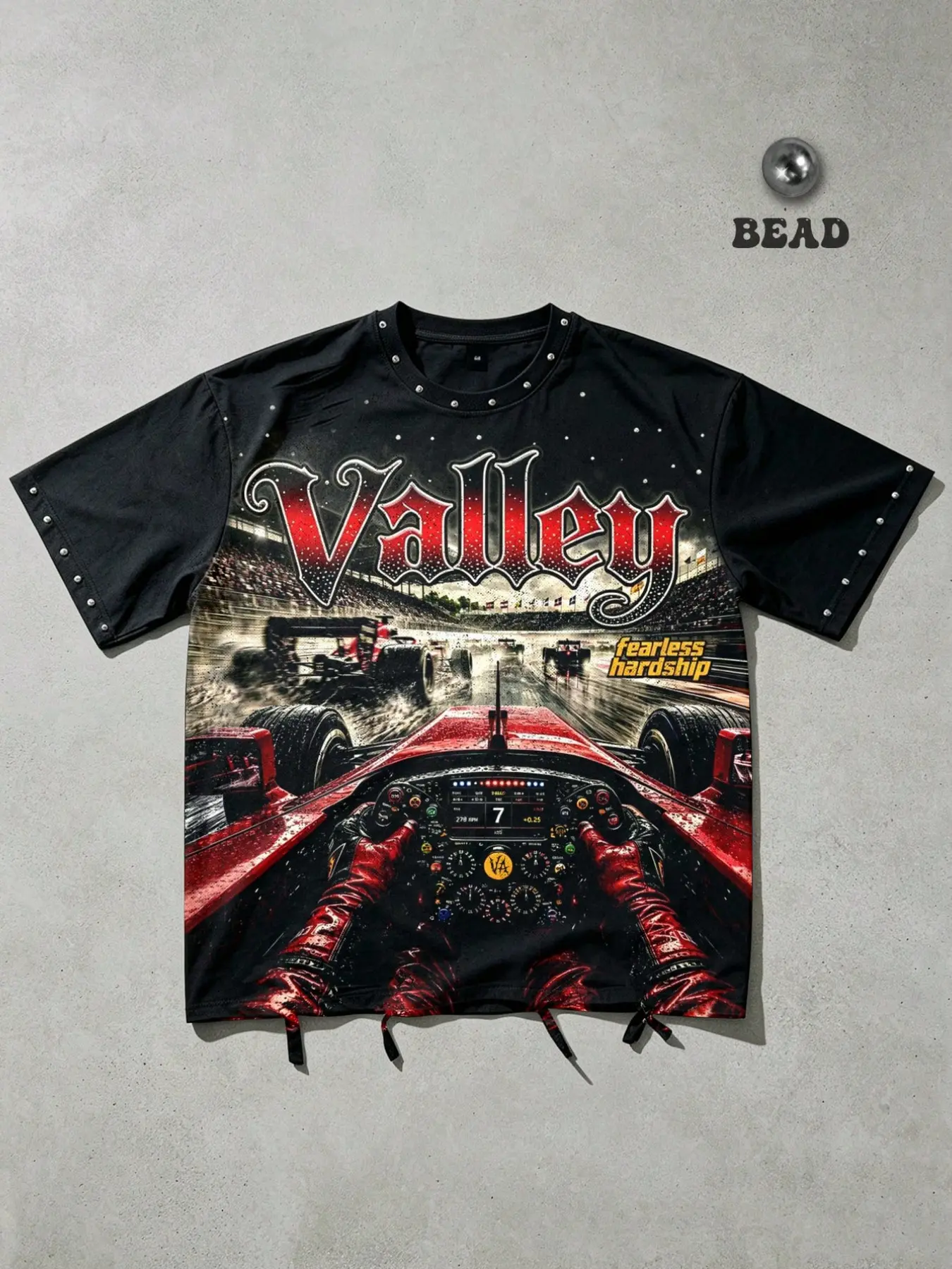 Red racing car cockpit pattern studded hem short cotton T-shirt, men's short sleeves with red Valley retro calligraphy English metal stud trim, loose fit, crew neck, casual street style, hip-hop trendy, versatile, unisex Y2K style.