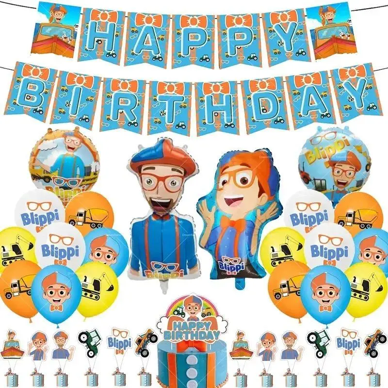 Blippi Balloon Happy Birthday Banner Decoration Party Supplies Backdrop English Teacher Cake Topper Disposable Tableware Sticker