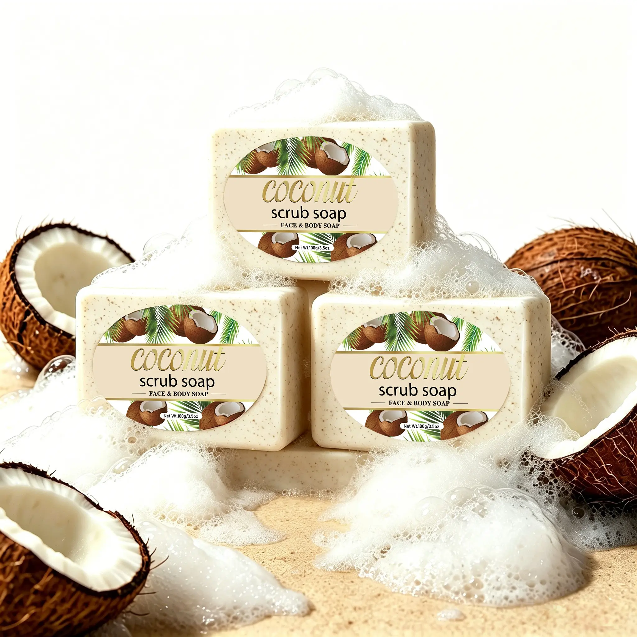 3Pcs, Coconut Scrub Soap, Handmade Soap, Skin care soap, Face body soap, Clean Hair And Body Skin, Low Allergenicity, Combination Packaging, Independent Packaging Design, Convenient For Travel And Business Use, Send Bubble Net, Shower Body Care -100g