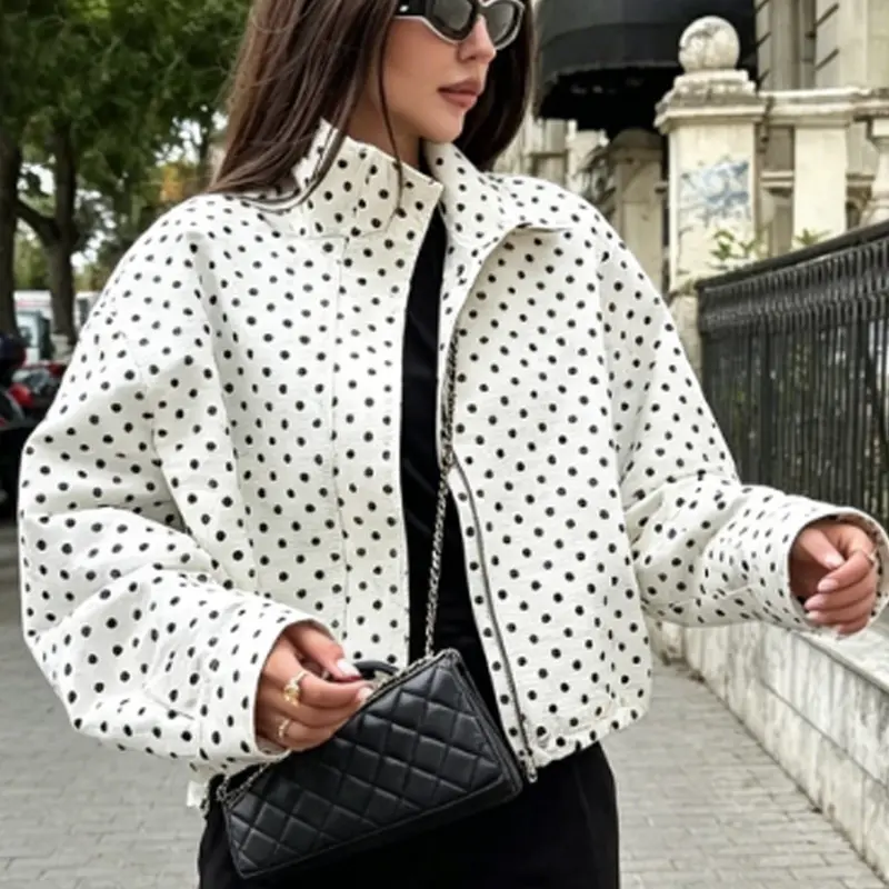 Polka Dot Oversized Jacket Women's Jacket Autumn Spring 2026 Y2K Cropped Long Sleeve Tops Fashion Drawstring Zip Up Coats Casual Fashionable Outerwear Casual Outdoor Outerwears