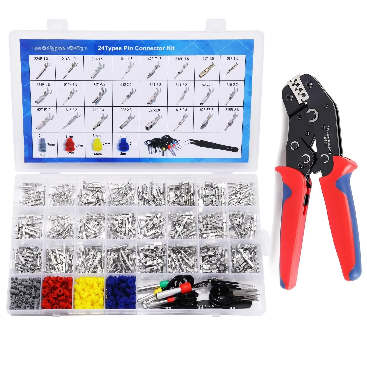 900 count 24Types of Pin Connector Kit and Terminal Pins with Crimping Tool | 1/1.5/1.8/2.2/2.3/2.8/3.5mm Male&Female Non Insulated Wire Terminal Pin Kit with Ratchet Crimping Tool,Electrical Connector