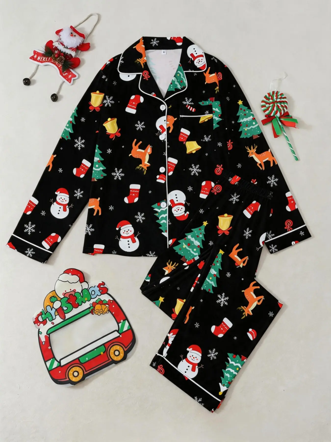 Women's Christmas Pajama Set, Long Sleeve Fitted Sleepwear, Festive Reindeer & Tree Print, Casual Home, Fall Winter Comfort