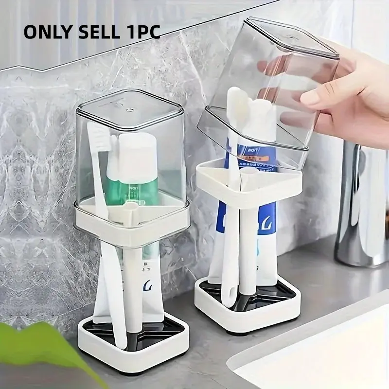 1Pc Toothpaste Toothbrush Storage Rack with Cup and Dust Cover. Three Card Slots, Household Mouthwash Cup Set, Toothpaste and Toothbrush Storage Rack, Toothbrush Holders with Cover