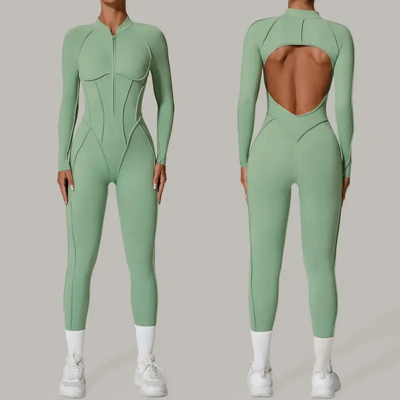 Women's Padded Long-Sleeve Sport Yoga Jumpsuit - Gym Wear, Back Zipper, Tummy Control, Leggings Cut, Athletic Fitness Outfit, Women's Gym Wear