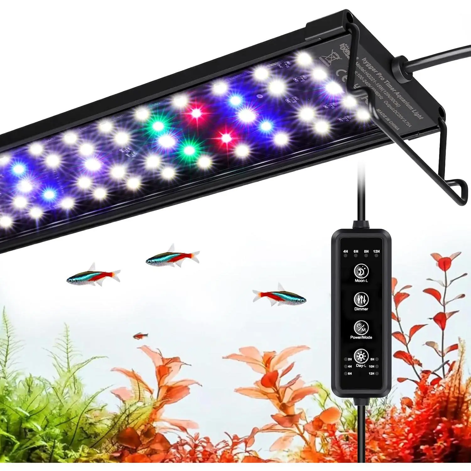 LED Aquarium Light with Timer, 15W Full  Fish   Growth Lamp, 24 H Remote Control, Adjustable Brightness & 10 Colors, Extendable Bracket, Power-Off Memory, Fits 12-18 Inch