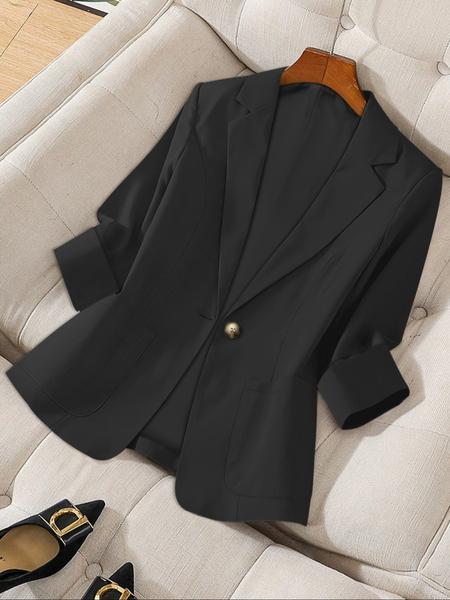Women's Solid Color Button Front Blazer Coat, Casual Long Sleeve Outerwear for Work Office Business, Ladies Spring & Fall Woven Clothes, Fitted Womenswear