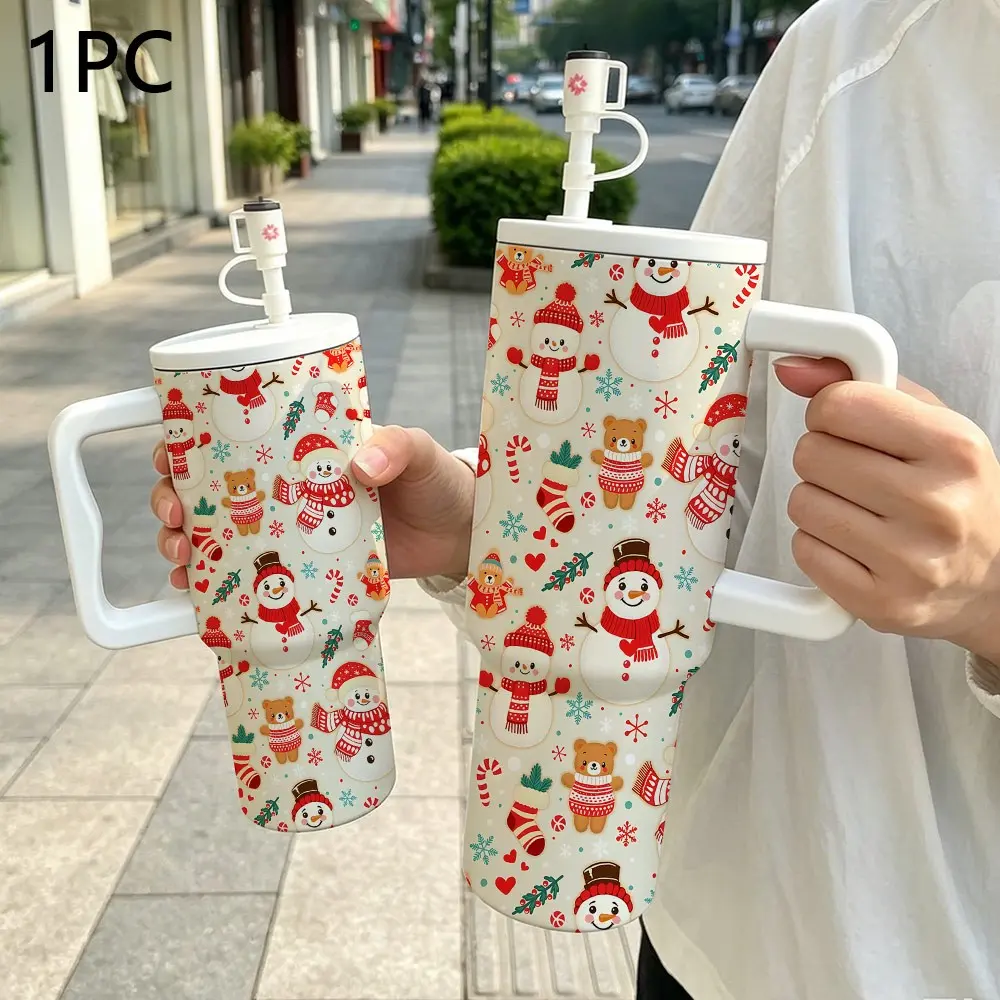 Christmas Snowman Bear Candy Sock Cup, 40oz Handle Ice Bucket with Straw, Large Capacity Car Water Cup, Holiday Gift