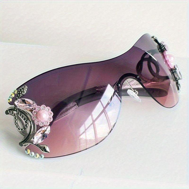 Frameless One-Piece Glasses for Women with Sparkling & Pink Floral Detailing, Gradient Purple to Pink Lenses, Trendy Eyewear for Photoshoots & Parties