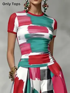 Short Sleeve Slim Fit Colorblock Plaid Print Round Neck T-Shirt Top, Stylish Fashion Casual Wear, Perfect for Everyday
