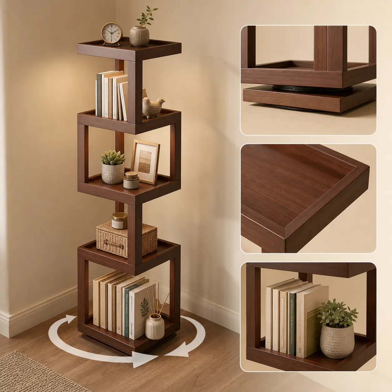 Walnut Wood 5-Tier Height Revolving Bookshelf, 360° Rotate Single Unit Pre-Assembled Corner Shelf with Walnut Finish