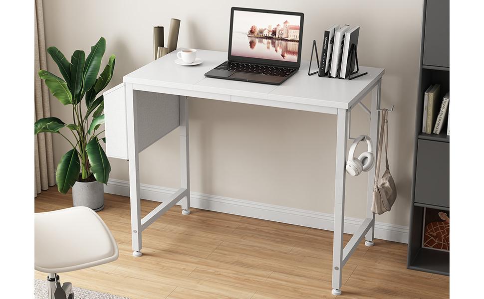 Small White Desk for Small Spaces, 32 Inch Kids Girls Study Writing Desks for Bedroom, Simple Modern Laptop PC Little Side Table with Storage Bag Headphone Hook