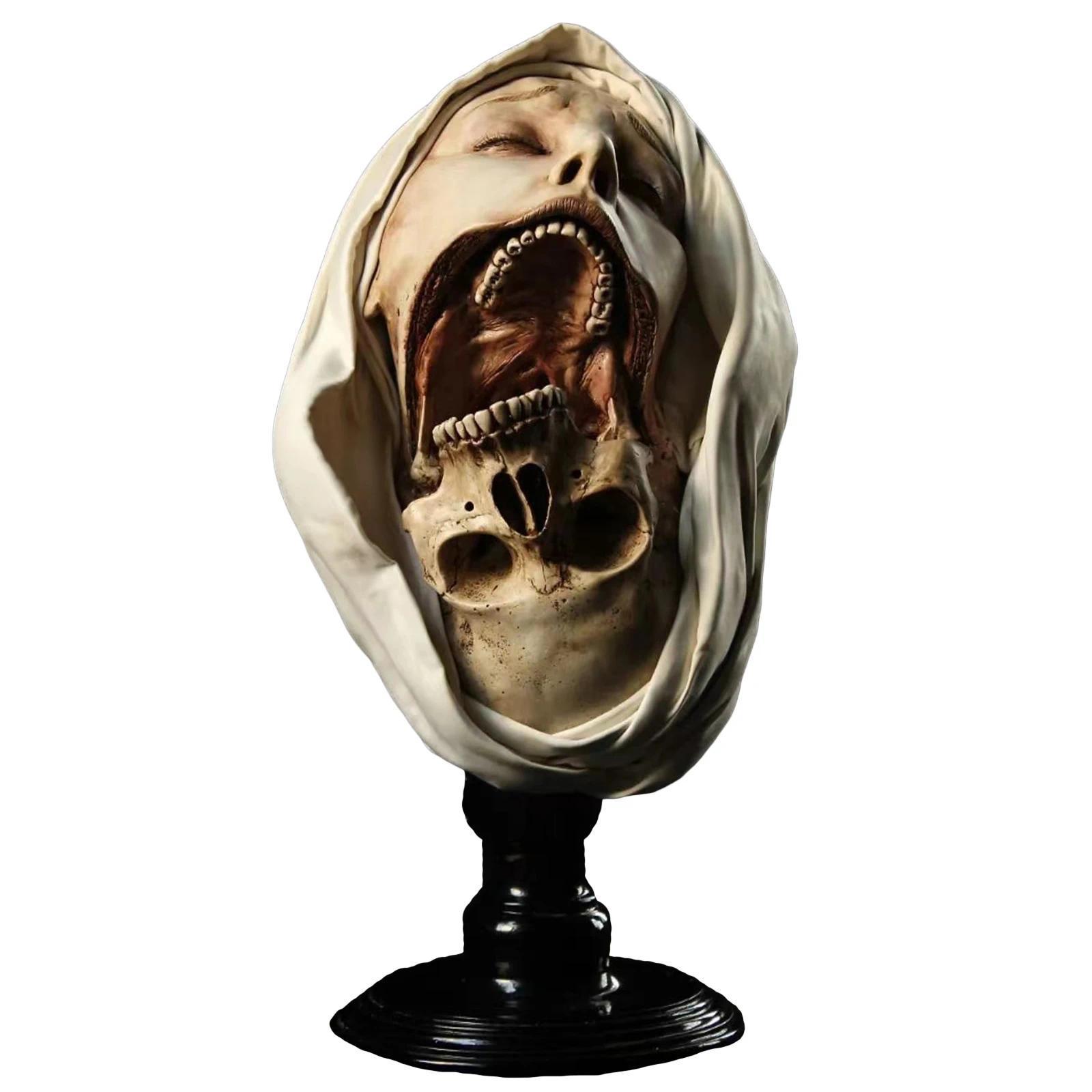 Creepy Nun Resin Statue Halloween Skull Transfiguration Sculpture for Home Decor Unique Artistic Horror Figure Desktop Ornament