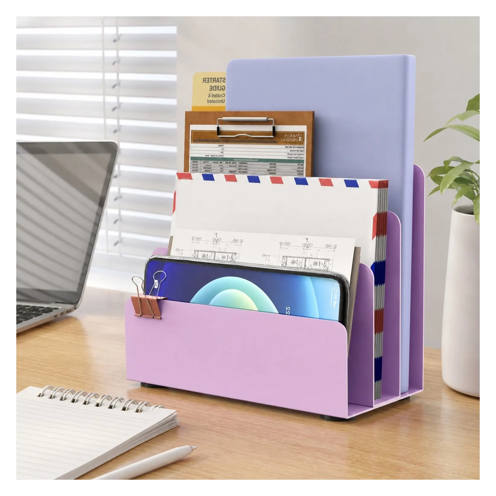 Purple Metal Mail Organizer for Countertop | Small Desk File Organizer, Metal File Holder - Essential Workspace Organizers for Office Desk, Home OfficeGift