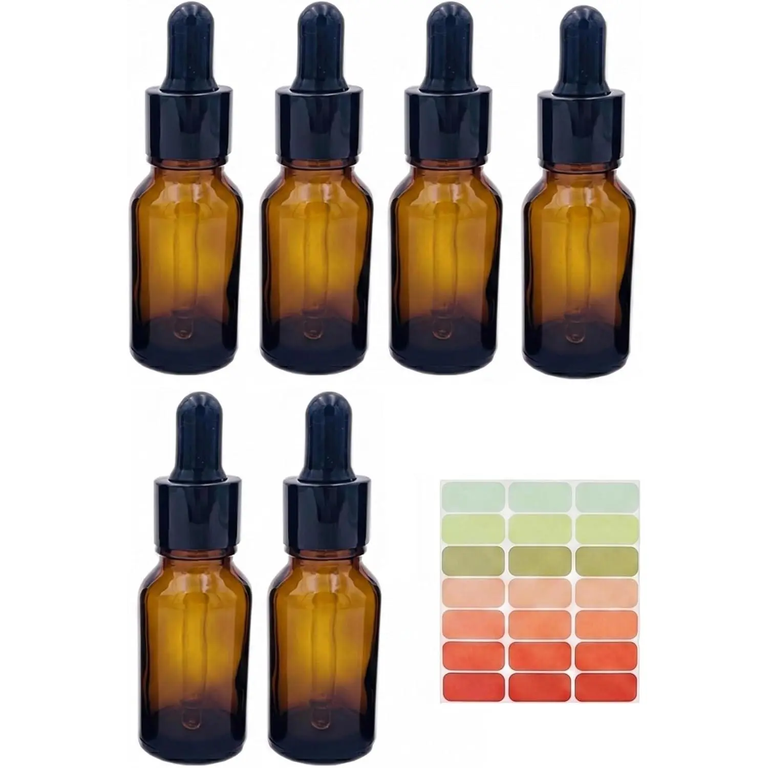 6 Pack 15ml/0.5oz Travel Refillable  Glass Dropper Bottles, UV-Protective Leakproof with Glass Droppers & Blank Label Stickers for Essential Oils, Tincture, ,