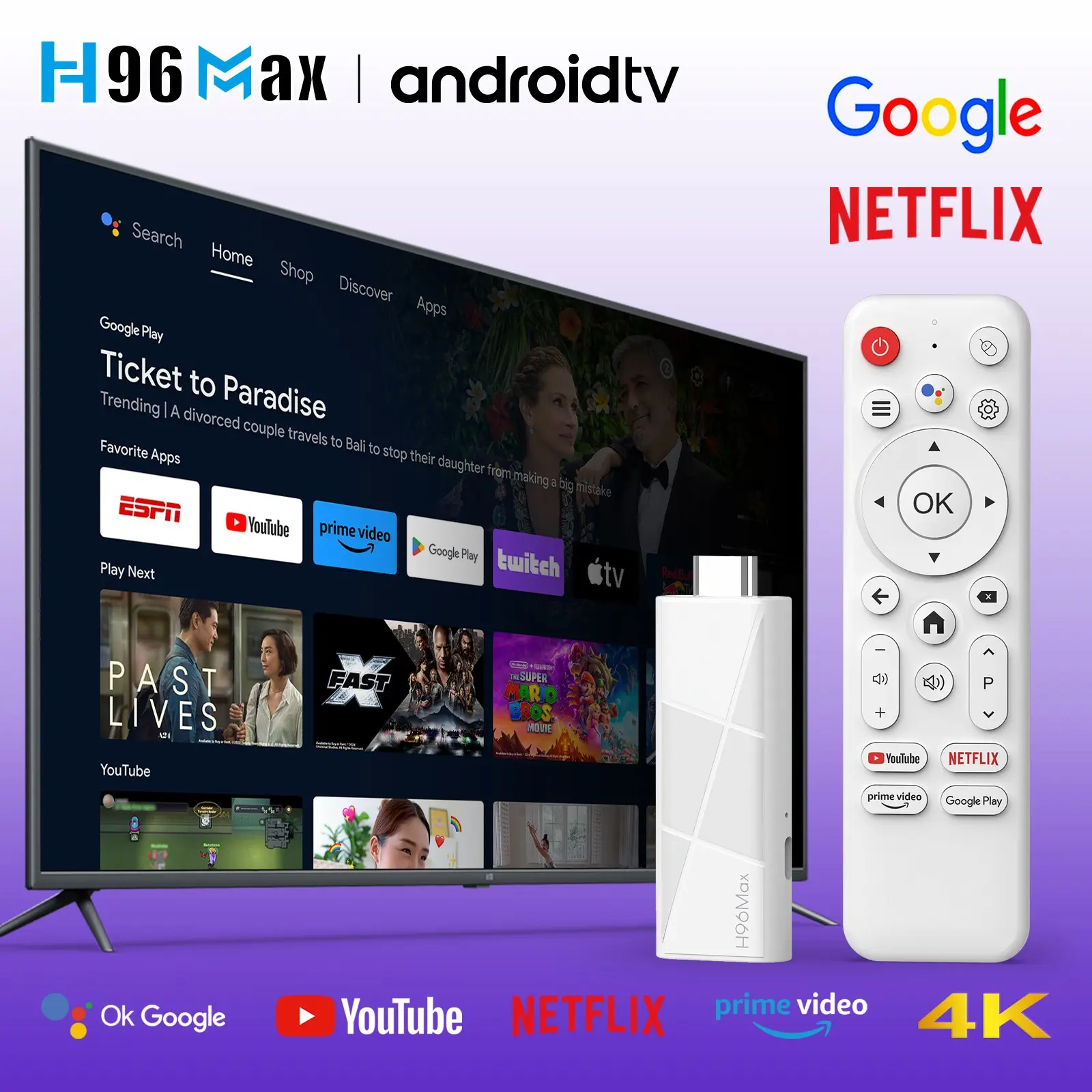 2026 Android 14 TV Stick 4K UHD H96MAX TV Box | 5-Core ARM GPU, Dual-Band WiFi, BT, Voice Remote | Supports Netflix Disney+ Streaming