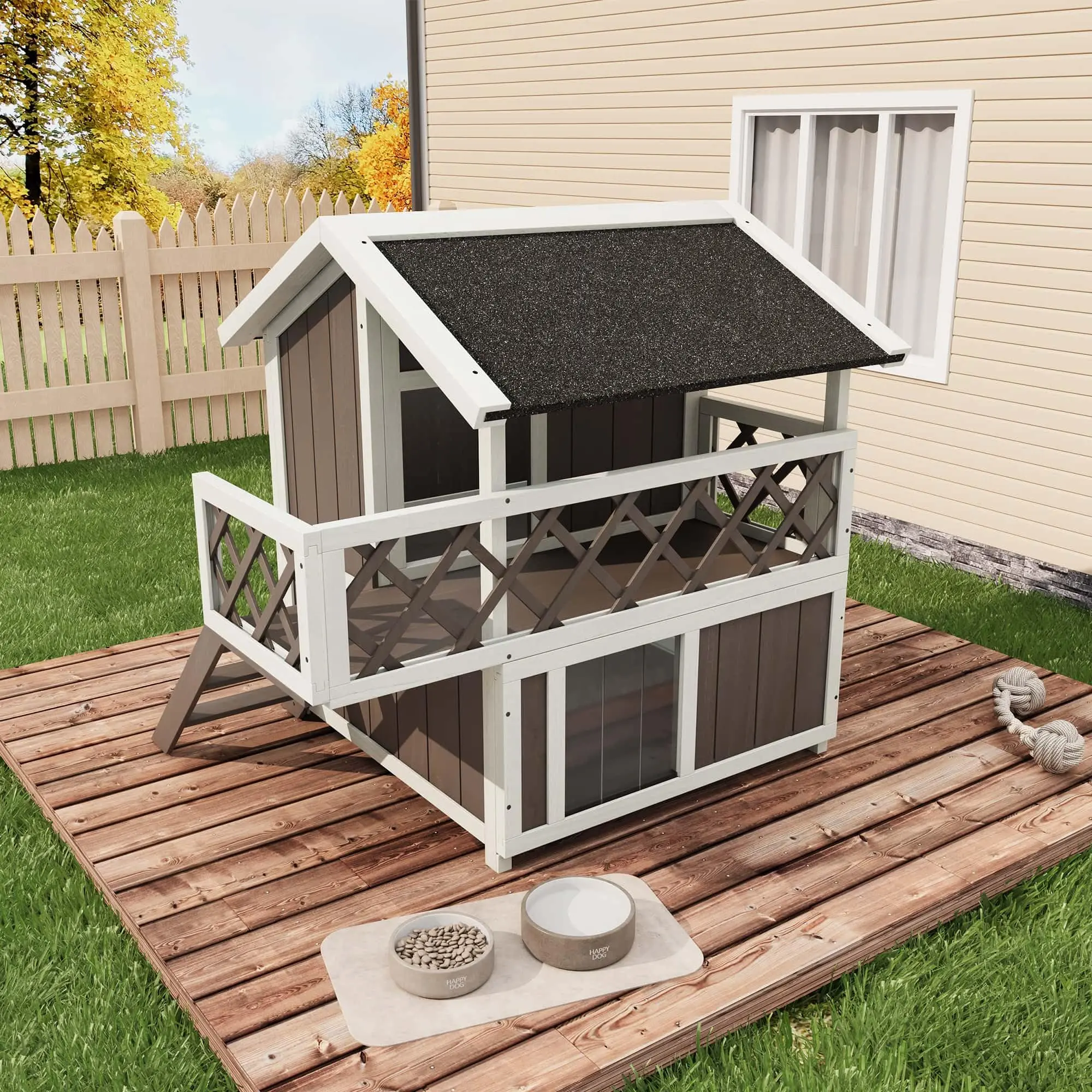 Weatherproof 2-Tier Outdoor Cat House with Balcony, Elevated Multi-Cat Shelter with Removable Roof & Escape Door, Easy Assemble Stray Cat Condo