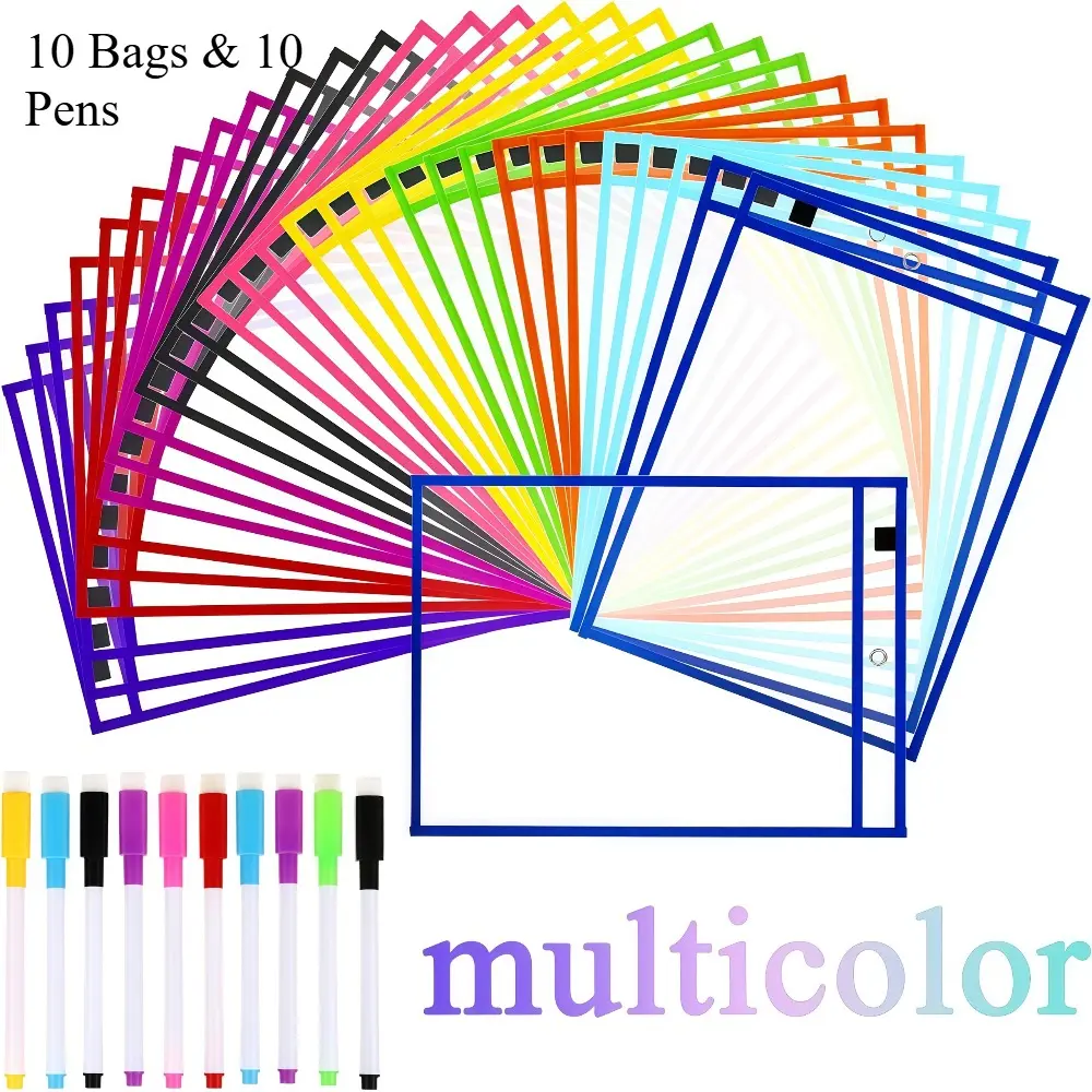 10pcs Reusable Large File Bag,, with Dry Erase Pen, Multiple Colors, Practical and Durable, Suitable for Teacher Teaching, Document Recording