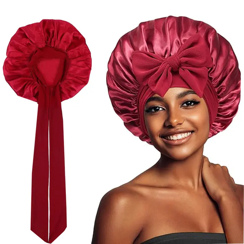 Adjustable Satin Tie Sleep Bonnet - Luxury Smooth Satin Sleeping Hair Bonnet, Long Tie Adjustable Hair Wrap Cap, Frizz Prevention Night Cap for Natural Curly Hair Ideal for Overnight Hair Care, Curly Hair Protection, Night Sleep & Beauty Gift for Women ca