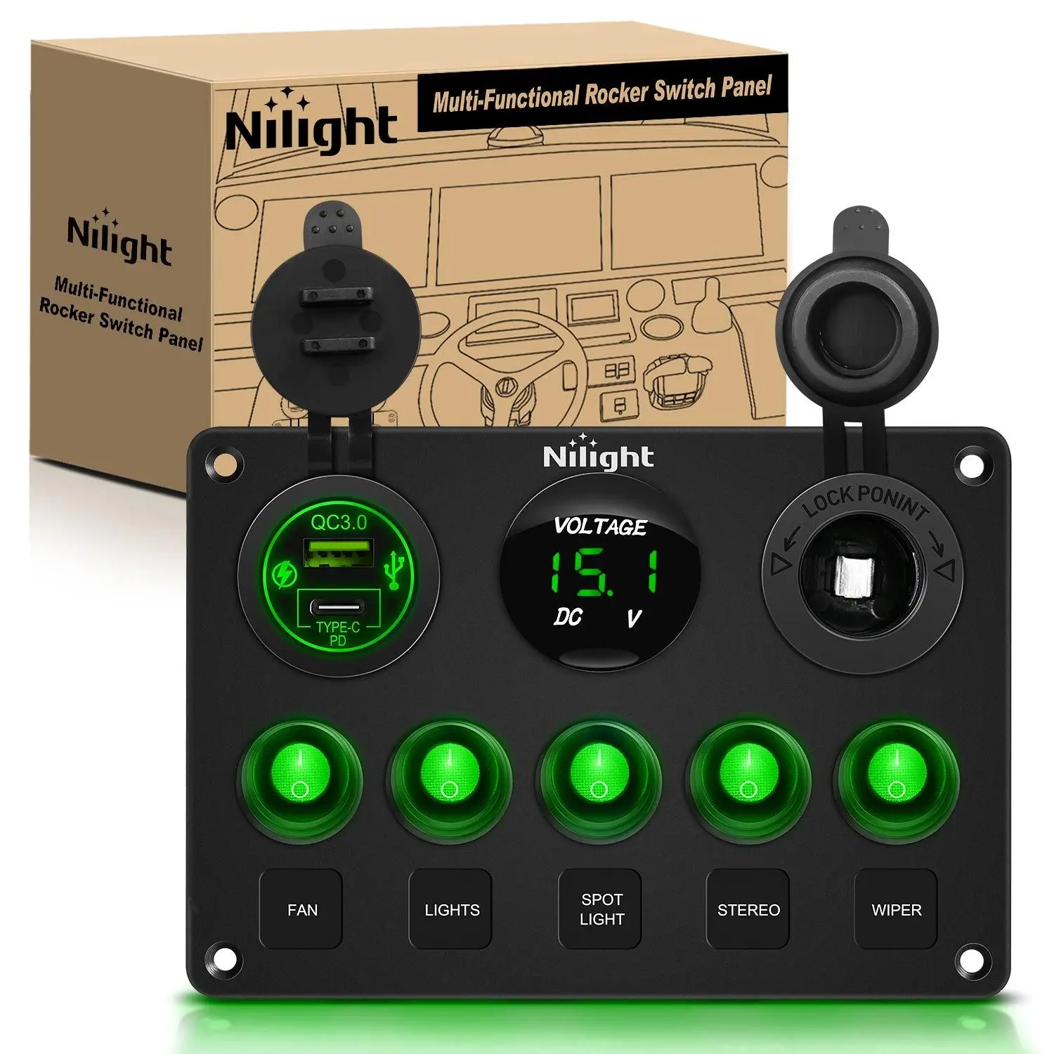 Nilight Aluminum 5-Gang Waterproof Rocker Switch Panel with PD Type-C Socket, USB Socket, 12V Outlet, Digital Voltmeter, Inline Fuse, LED Display for Cars, Boats, Airplanes (DIY Stickers Compatible)