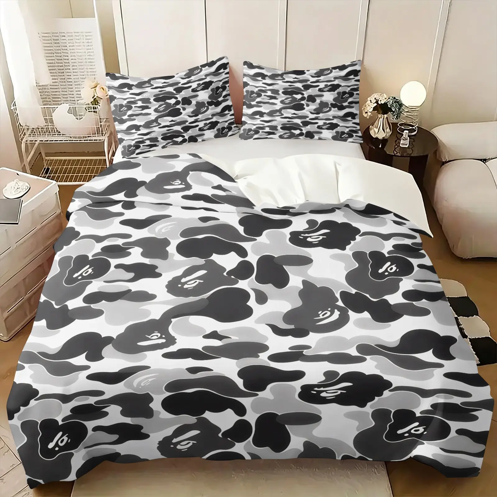2-3Pcs BAPE Ape Head Camo Print Duvet Cover Set,Trendy Digital Print Bedding Set with Pillow Shams,Soft & Breathable Microfiber Fabric,Fade-Resistant Military Camo Bedding,Perfect for Boys,Teens & Hypebeasts,Ideal for Bedroom & Dorm Decor