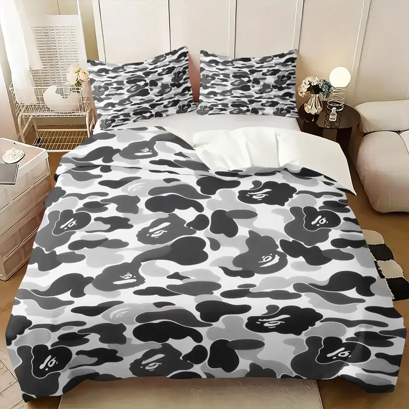 2/3 Pcs BAPE Black White Camo Print Duvet Cover Set,Modern