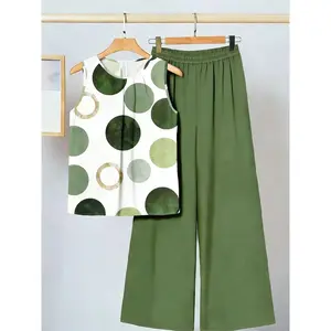 2pcs Women Casual Polka Dot Set Sleeveless Green White Top High-Waist Olive Green Pants Lightweight Summer Outfit
