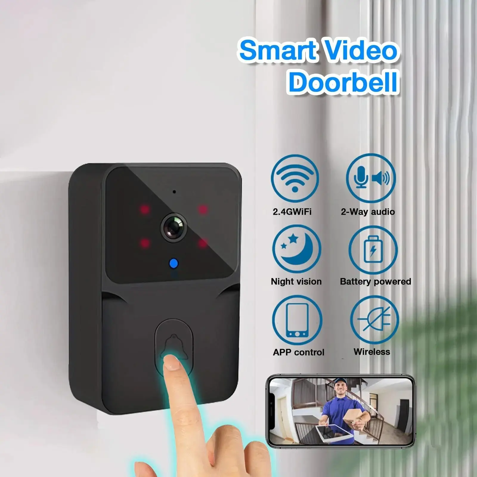 Wireless Video Doorbell Camera, 2.4g WiFi Night Vision Doorbell Camera, Rechargeable Mini Camera for Home Security, WiFi Smart Doorbell