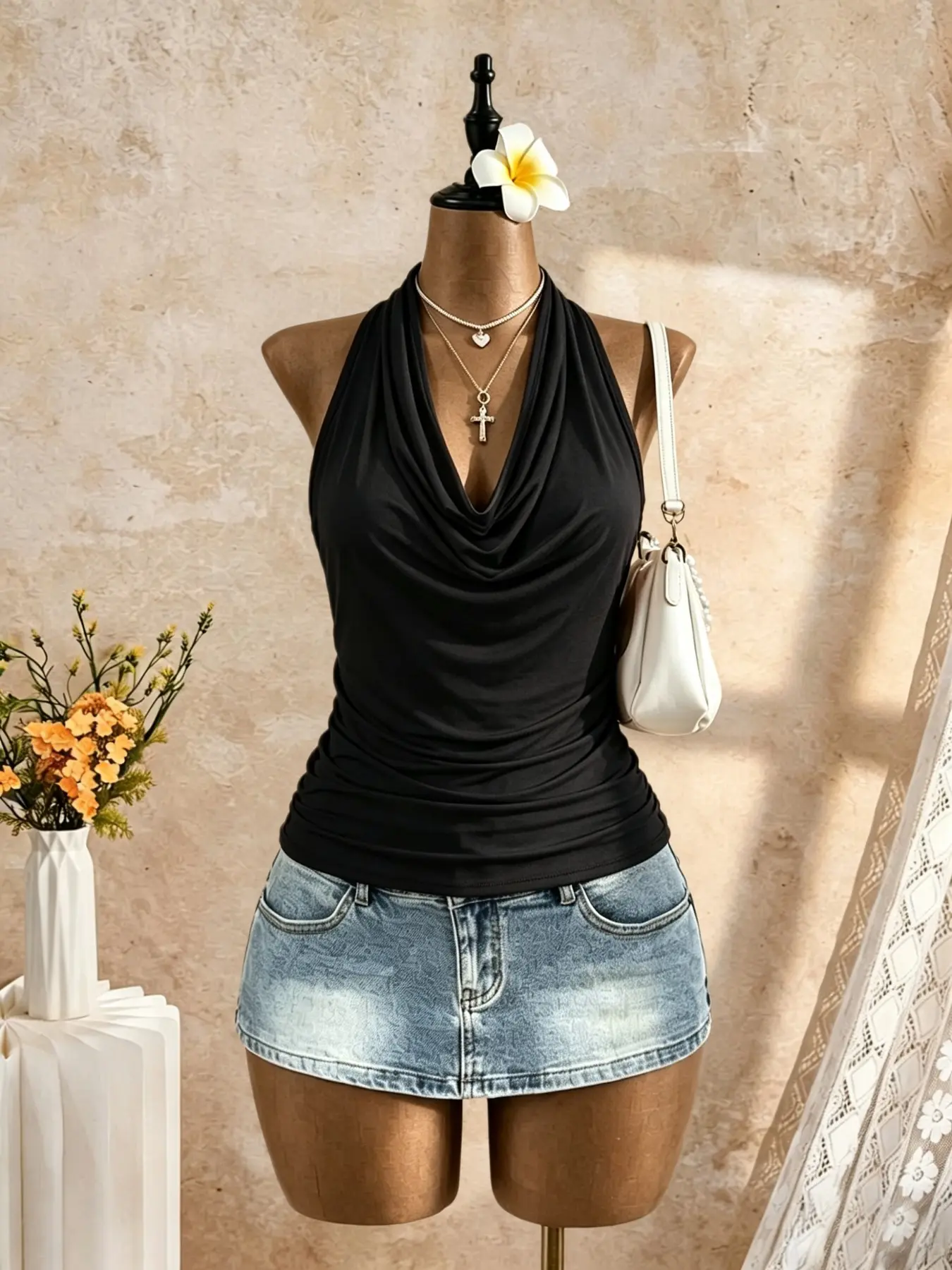 Y2K Fashion Halter Neck Top, Sleeveless Solid Slim Fit Ruched Back Vest, Trendy Backless Casual Women's Streetwear Strap Street Style