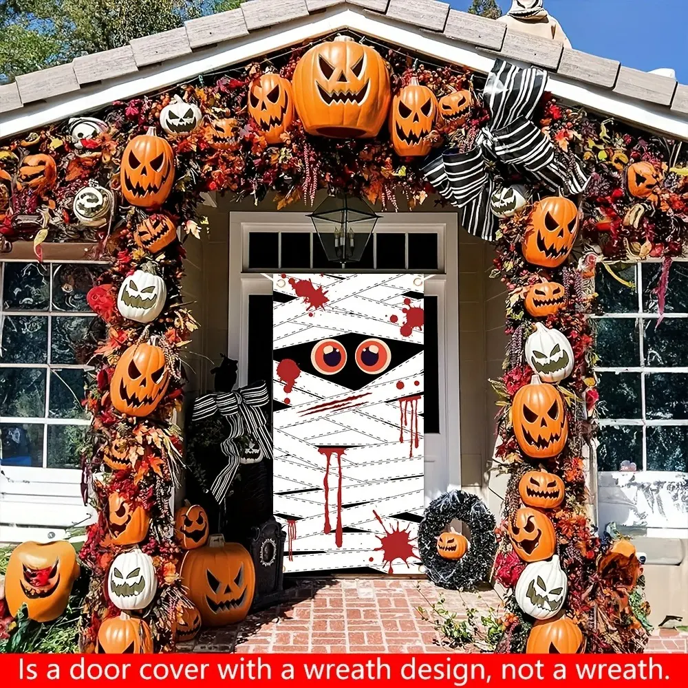 2D Flat Halloween Door Banner | Spooky Eye & Blood Splatter Horror Door Cover | Single-Sided Polyester | Metal Grommets for Easy Hanging | Trick-or-Treat Party, Haunted House, Front Door & Outdoor Decor