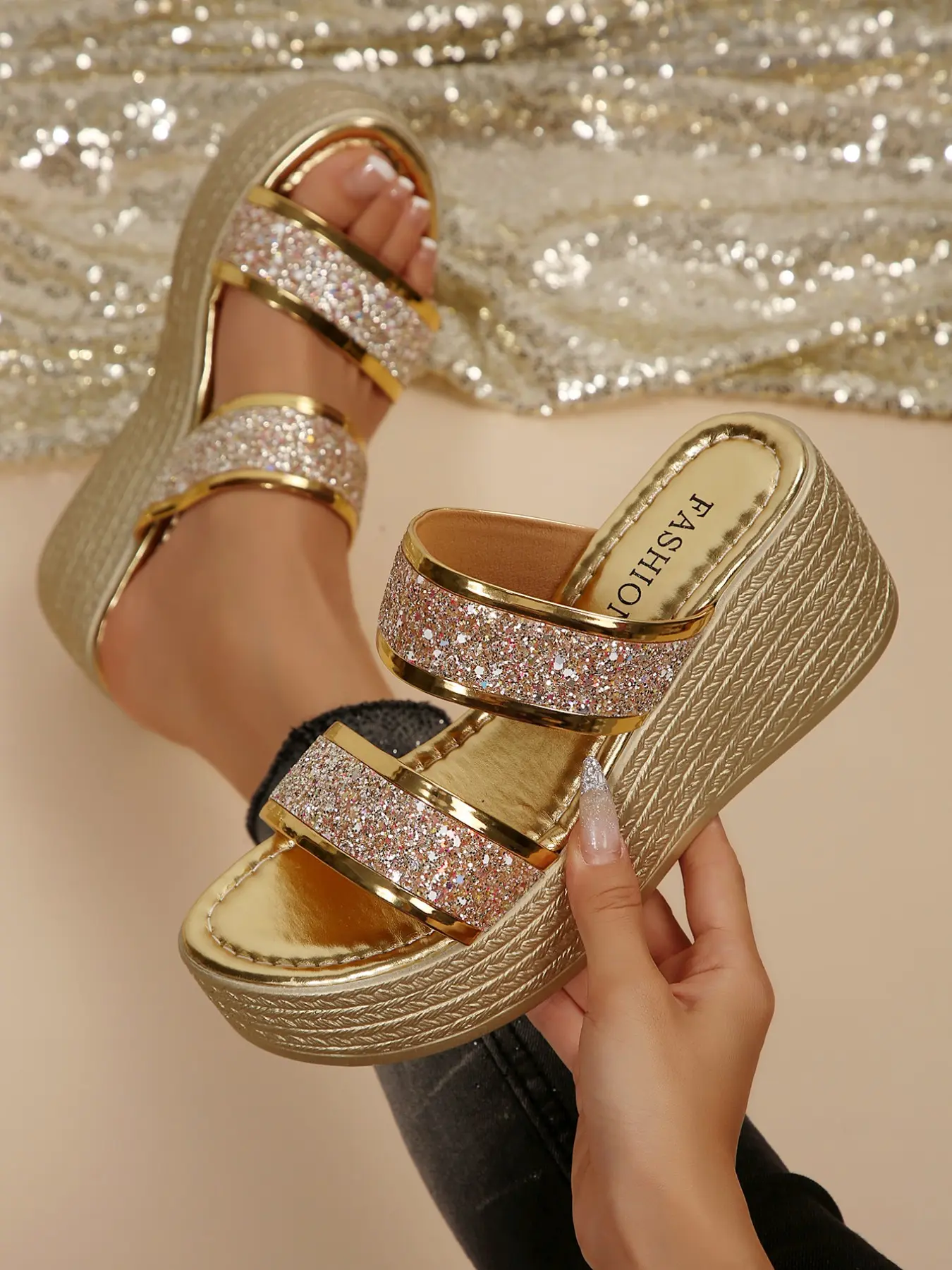 Party Nightclub Essential Sequin Sandals, Dual Strap Glitter Thick Sole Waterproof Platform, Tall and Slimming Versatile Slip-On Shoes