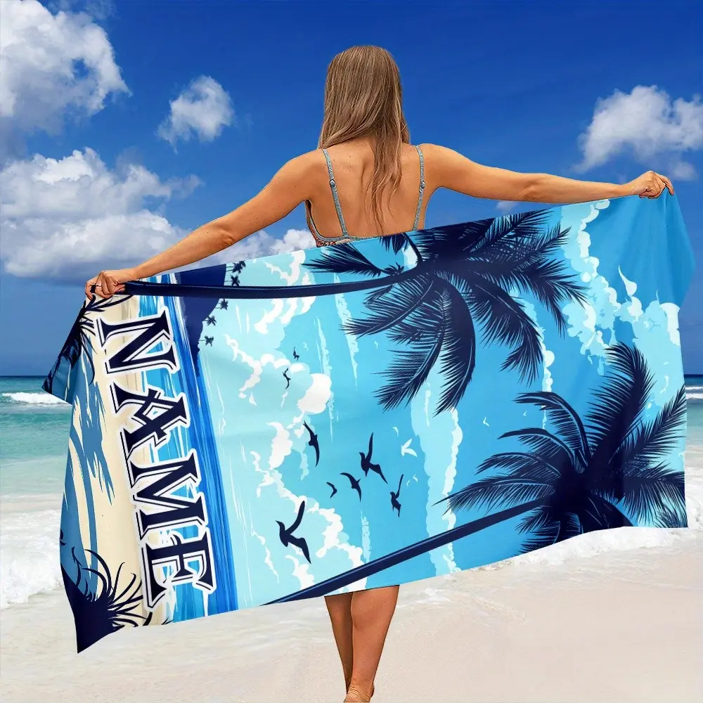 1PC70*150CM/90*180CM Tropical Blue Beach Towel with Coconut Tree Print, Ultra-Fine Fiber, Lightweight, Quick-Dry, Large Size Pool Bath Towel, Summer Beach, Yoga, Gift